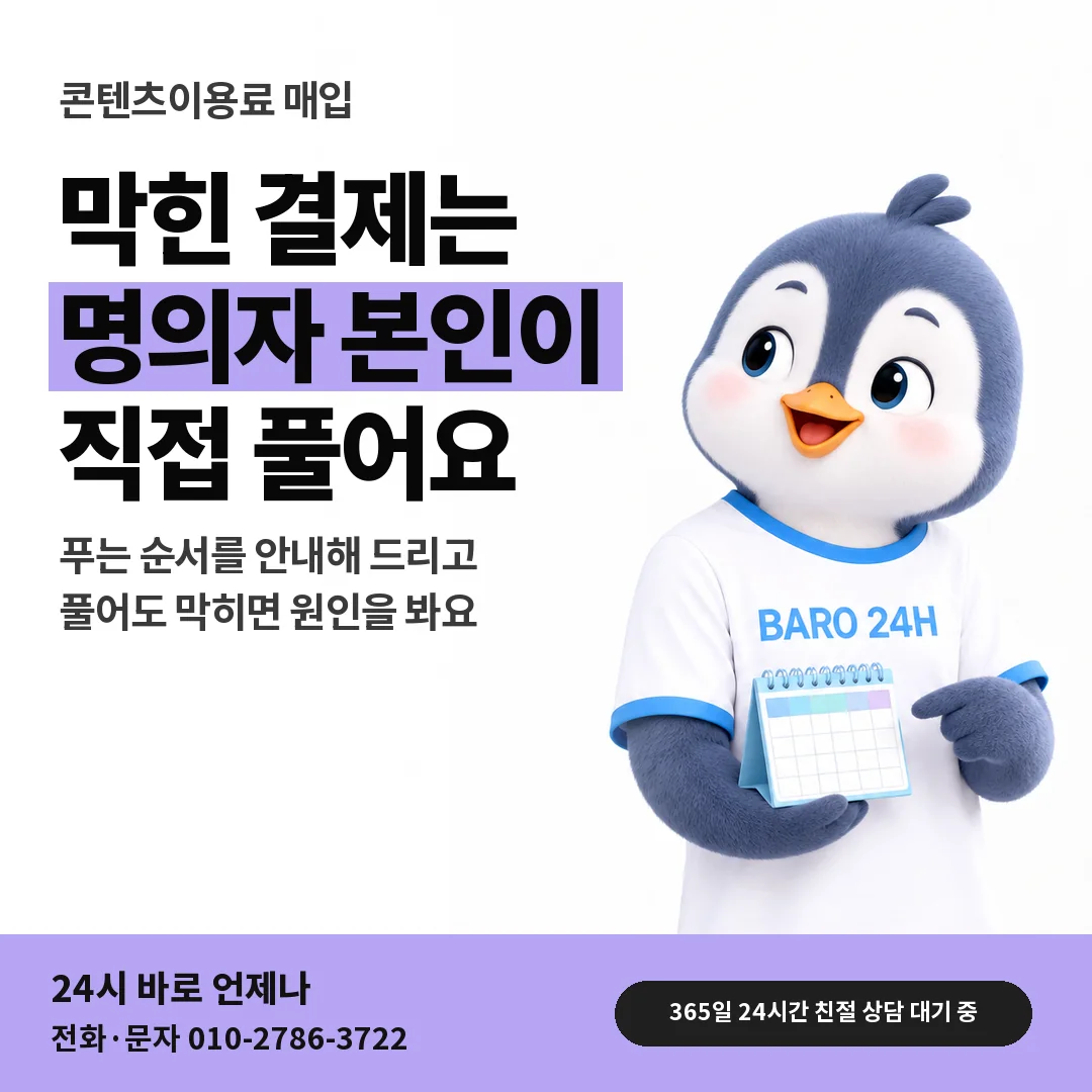 BARO 24H 티셔츠를 입은 3D 동물 캐릭터 옆에 「결제 차단 푸는 순서」 제목을 얹은 안내 카드