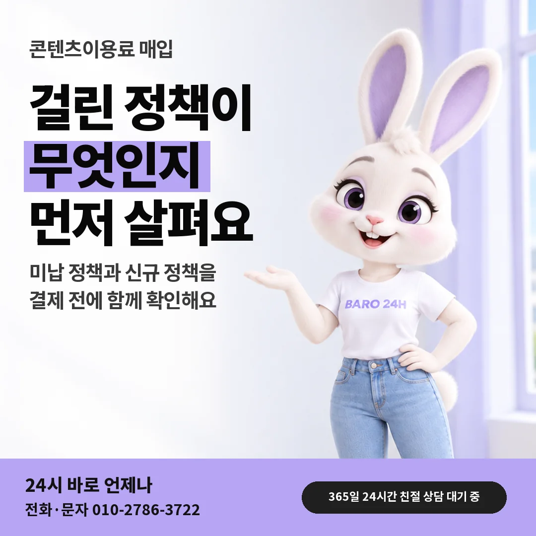 휴대폰을 보며 웃는 BARO 24H 티셔츠를 입은 3D 토끼 캐릭터 옆에 「미납 · 신규 정책 확인」 제목을 얹은 안내 카드