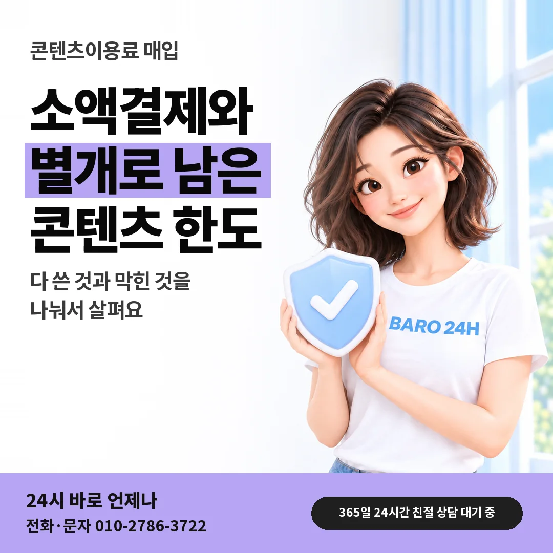 방패를 든 BARO 24H 티셔츠를 입은 3D 인물 옆에 「소액결제와 별개인 한도」 제목을 얹은 안내 카드